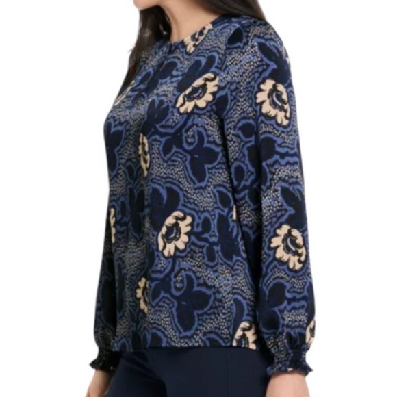 Ted Baker Women’s Blouse Satin Paisley Floral print Boho Key hole Navy Pink L - Picture 3 of 14